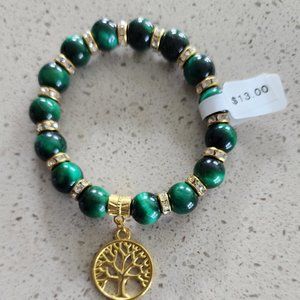 Homemade natural green Tiger-eye stretch bracelet with Tree of Life Charm